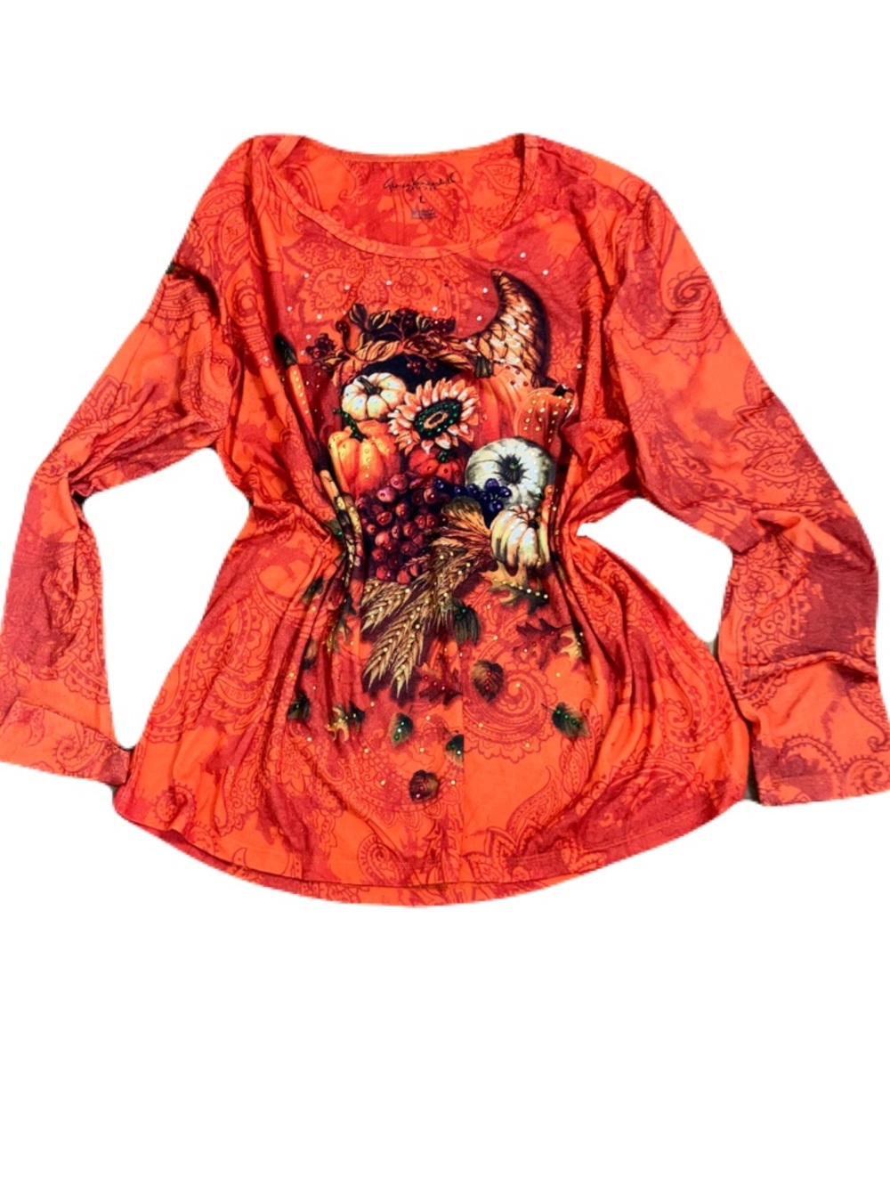 Source Unknown Orange Long-Sleeve Harvest Floral Print Top